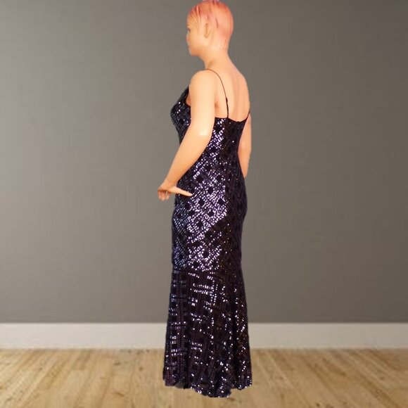 ELIZA J size 14 black sequined thin-strap full-length gown 100% nylon dry clean - Picture 6 of 12